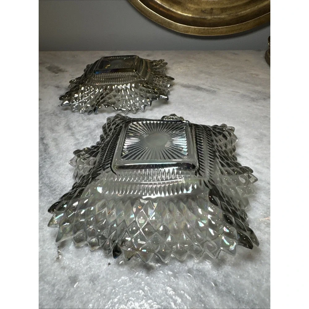 2 Vintage Indiana Carnival Glass Smoke Iridescent Ruffled Edge Diamond‎ Cut Dish